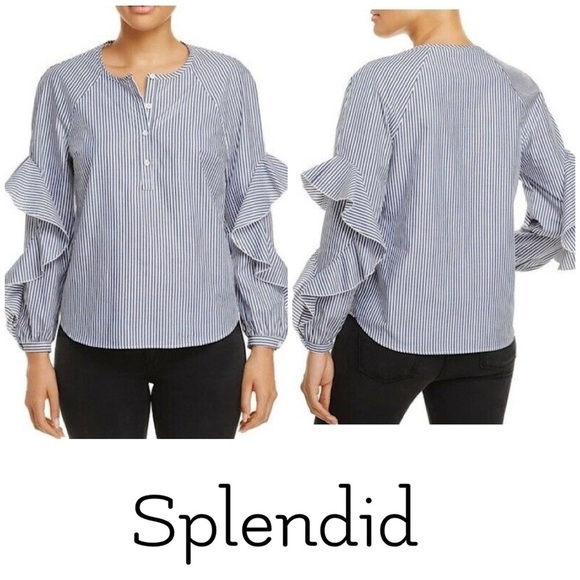 Splendid ruffled long sleeve striped 1/4 button navy white blouse. - Picture 1 of 13